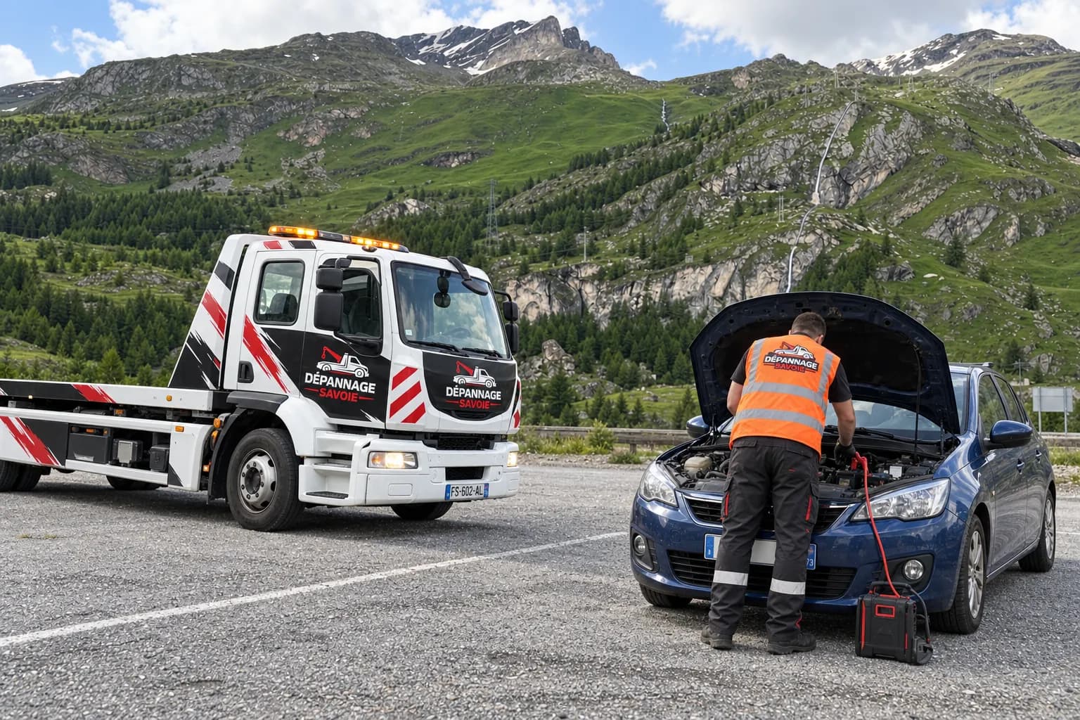 Illustration d’un dépannage de batterie avec une dépanneuse en montagne